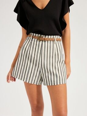 Commense Striped Cotton Linen Belted Shorts